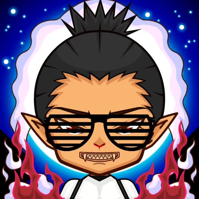 A cartoon-style digital illustration of a fierce character with spiky black hair, pointed elf-like ears, dark sunglasses, and a fanged grin, set against a blue cosmic background with red flames.