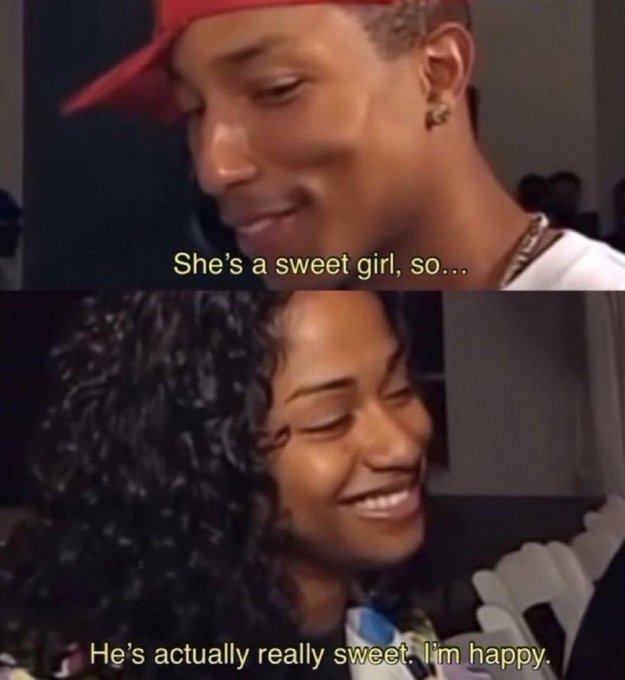 A two-panel screenshot from a video featuring a smiling man in a red cap captioned 'She's a sweet girl, so...' and a smiling woman captioned 'He's actually really sweet. I'm happy.'