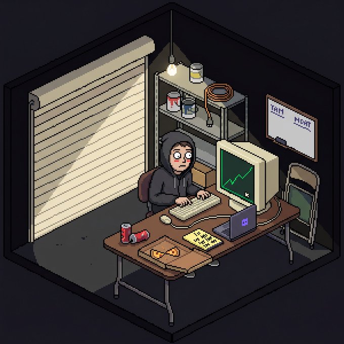 A pixel art illustration shows a tired-looking hooded figure at a cluttered desk, staring at a green upward-trending chart on a CRT monitor, with a whiteboard displaying "TRIN" and "NORT" tickers. The "holders only" Discord promo pairs with the image by implying this exhausted trader is sharing insider stock picks or trading calls exclusively with their private community.