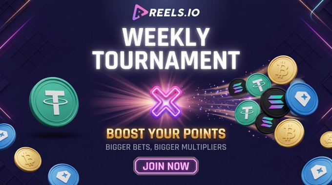 A promotional graphic for 'REELS.IO' announces a 'WEEKLY TOURNAMENT' with the text 'BOOST YOUR POINTS, BIGGER BETS, BIGGER MULTIPLIERS' and a 'JOIN NOW' button, featuring various crypto coins and tokens.