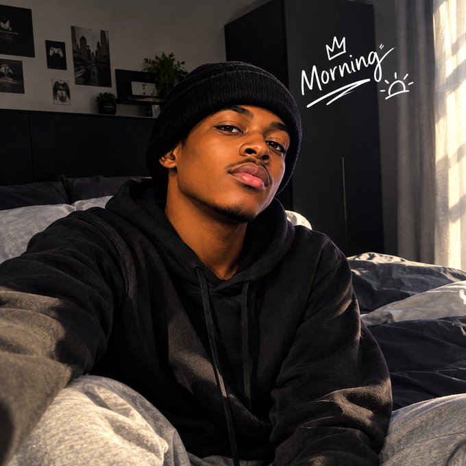 A young man wearing a black hoodie takes a morning selfie from his bed, with "Morning" written in stylized script and a crown/sun doodle in the upper right corner. The cozy bedroom scene with warm lighting complements the "gm, legends" (good morning) greeting.