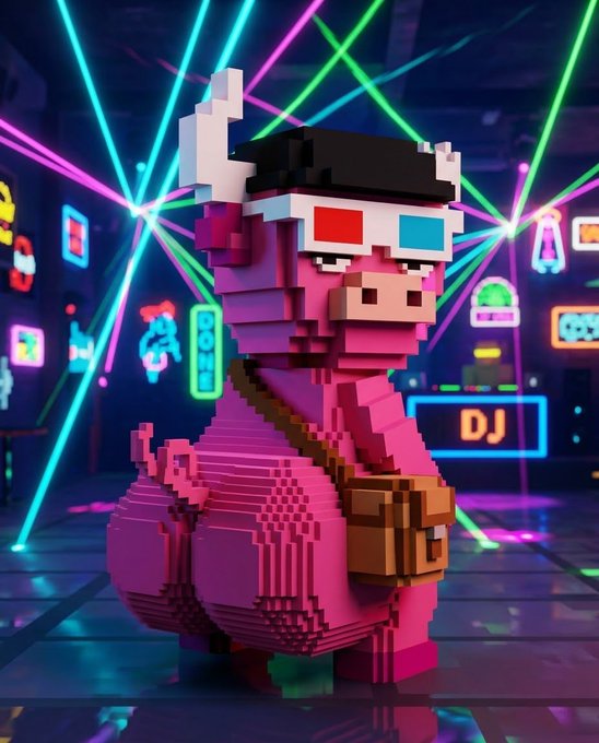 A voxel/pixel-art style 3D rendering of a pink pig character wearing 3D glasses, headphones, and a brown satchel, standing in a neon-lit dance club with colorful laser beams and arcade-style signs including one reading 'DJ'.