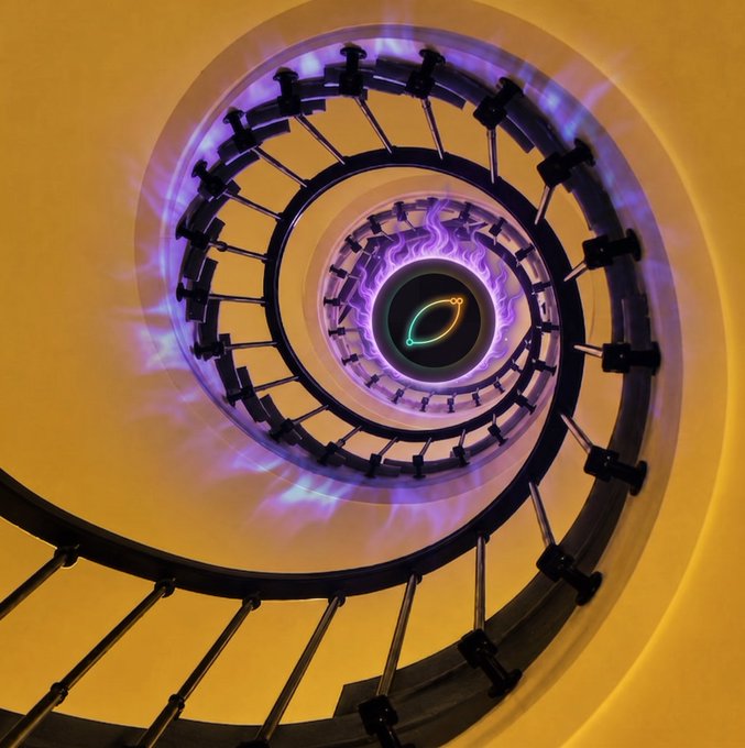 A dizzying spiral staircase shot from above, with purple neon flames at its center and the glowing green "$SATO" symbol—visually echoing the post's vertigo-inducing caption "头晕目眩了吧？" (Feeling dizzy, huh?) while promoting the $SATO token.