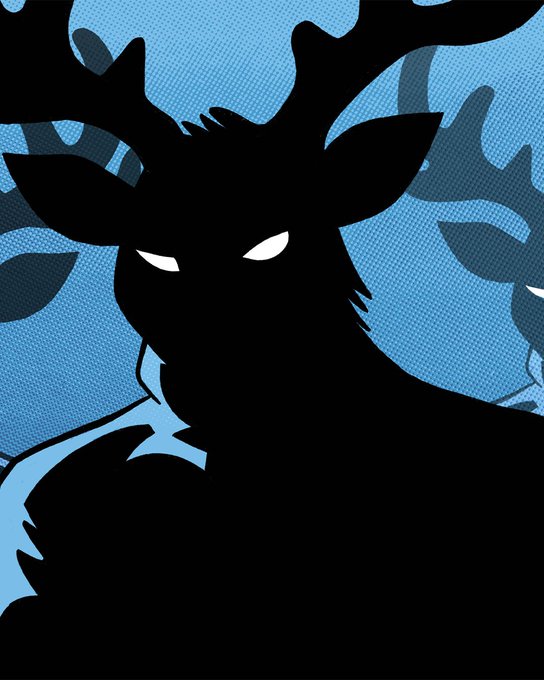 A digital illustration of a dark silhouette of a horned, demonic figure with glowing white eyes set against a blue background with shadowy antler-like shapes.