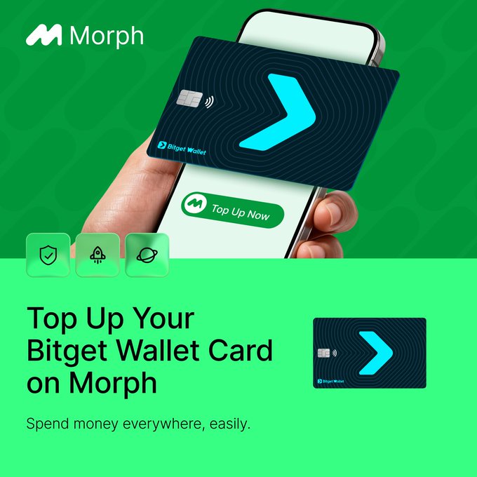 The image is a promotional graphic featuring a hand holding a smartphone displaying the Morph app with a "Top Up Now" button, overlaid with a dark blue Bitget Wallet card showing a contactless symbol and chevron design against a green Morph-branded background. The headline reads "Top Up Your Bitget Wallet Card on Morph" with the tagline "Spend money everywhere, easily," visually reinforcing the announcement that Morph users can now load their Bitget Wallet Card directly through the app for real-world spending across APAC.