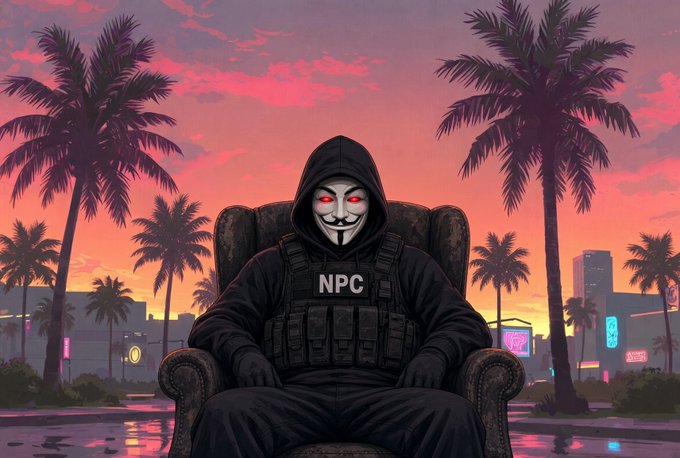 An illustrated figure wearing a Guy Fawkes mask and a tactical vest labeled "NPC" sits in an armchair against a sunset backdrop with palm trees and a city skyline.