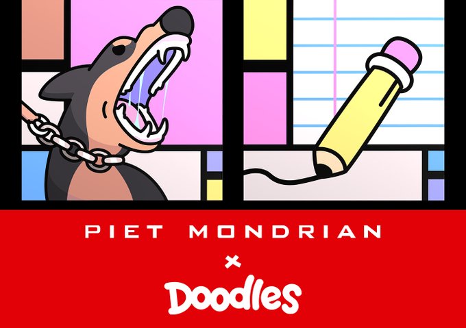 The image features a poster for a website called "doodles" that has a cartoon dog with its mouth open, holding a pencil over a piece of paper. The text on the poster reads "Hey VeVe Affiliate Resources are uploaded and Available NOW! @doodles @elmonx_official Hey Doodles fam, welcome to the VeVe community and apply to become an affiliate partner with @veve_official in my bio above!!". This suggests that the website is promoting a collaboration between artists or creators of doodles and other artists or creators.
