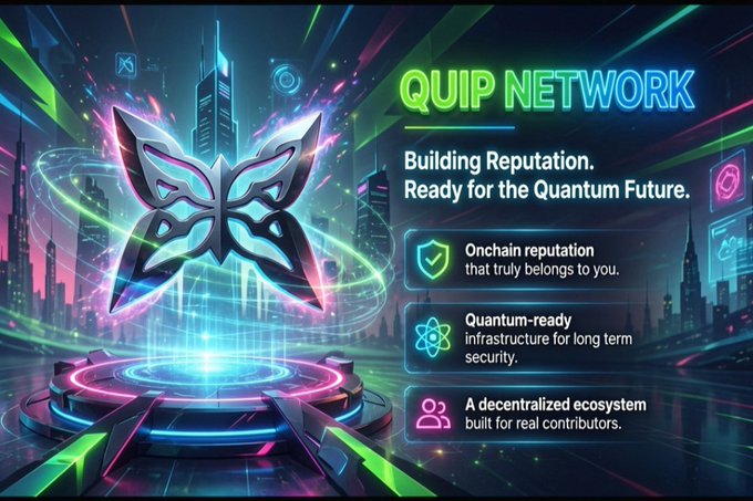 A promotional banner for QUIP NETWORK with the slogan 'Building Reputation. Ready for the Quantum Future,' highlighting onchain reputation, quantum-ready infrastructure, and a decentralized ecosystem.