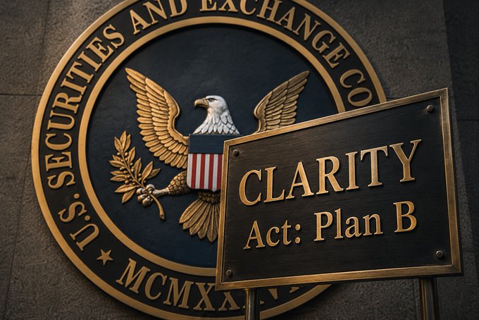 A 3D rendering of the U.S. Securities and Exchange Commission (SEC) seal featuring an eagle emblem, with a bronze plaque in front reading 'CLARITY Act: Plan B'.