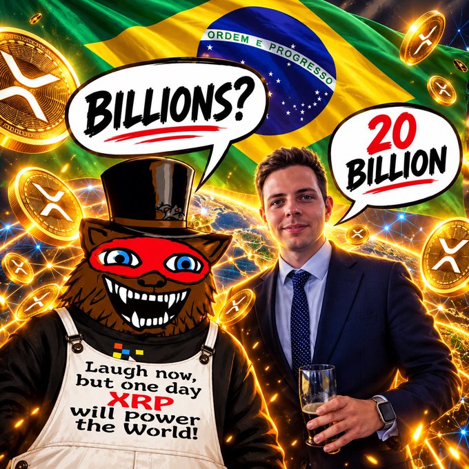 A meme-style image showing a man in a suit next to a cartoon raccoon wearing a top hat and an apron reading 'Laugh now, but one day XRP will power the World!' Speech bubbles say 'BILLIONS?' and '20 BILLION' against a backdrop of the Brazilian flag and XRP cryptocurrency coins.