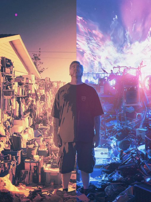 A person in a black t-shirt and shorts stands in the center of a split-toned environment, surrounded by massive piles of discarded electronic waste, with a warm orange sky on the left and a vibrant purple sky on the right.