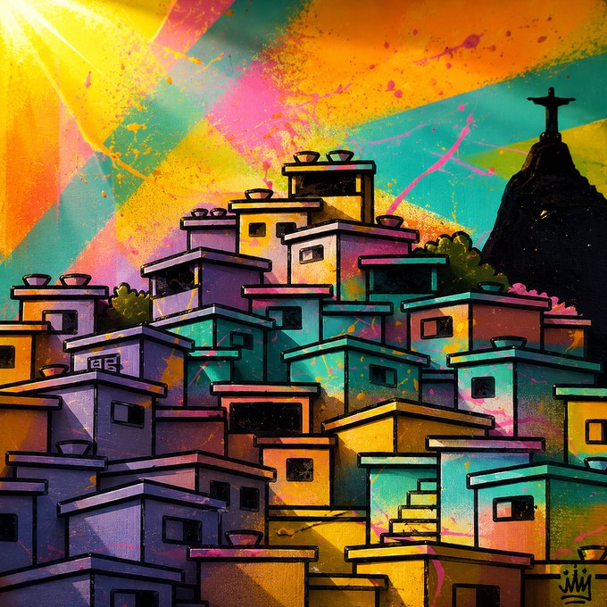 A vibrant, stylized digital illustration depicts a colorful favela with stacked purple, teal, and orange buildings, set against a bright sunset sky with a silhouette of Christ the Redeemer on a hill.