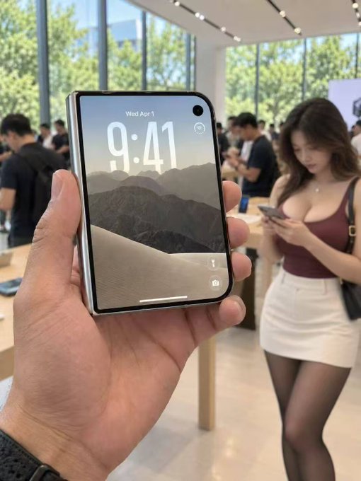 A hand holds a smartphone displaying "Wed Apr 1, 9:41" on its lock screen, while in the blurred background a woman in a maroon top and white skirt looks at her own phone inside what appears to be an Apple Store. The image cleverly illustrates the post's "lying flat" sentiment, contrasting a single device being held up against a busy retail scene where the user has seemingly given up on active engagement.