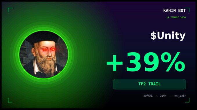 This image shows a graphic from "KAHIN BOT" on "14 TEMMUZ 2026" highlighting a "+39%" gain for "$Unity" with the "TP2 TRAIL" option selected, relating to the post's theme of a trading bot making small but consistent gains.