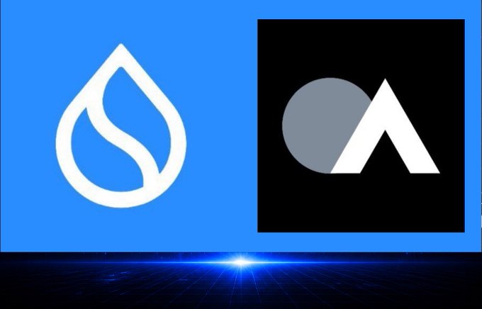 Two logos are displayed on a blue screen over a glowing digital floor, one resembling a stylized water drop on the left and a black square with a mountain and moon logo on the right.