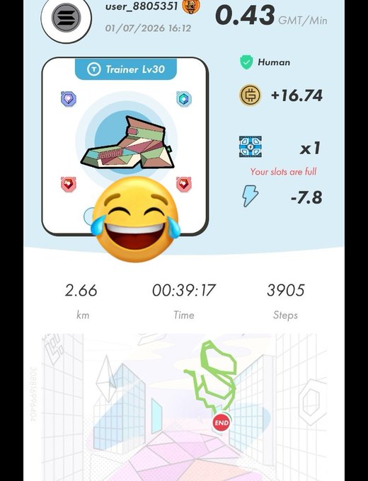 A Pokémon Go-style trainer profile screen showing user_8805351, Trainer Lv30, with stats 2.66 km, 00:39:17 time, 3905 steps, and 0.43 GMT/Min mining rate.