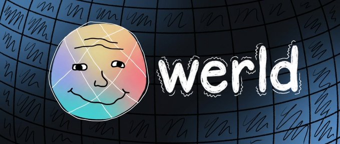 A cartoonish, smiling multicolored egg-shaped face logo appears next to the stylized text "werld" against a dark grid background with scribble patterns. The "werld" branding suggests a meme coin or crypto project on Solana, likely the answer to the user's question about the obscure ticker.