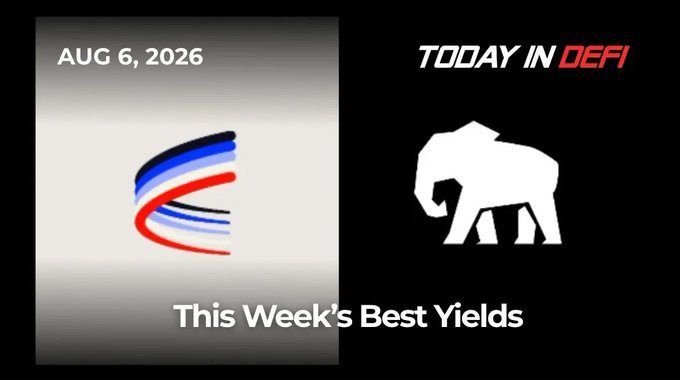 Thumbnail for a "Today in DeFi" video dated August 6, 2026, titled "This Week's Best Yields," featuring a stylized logo and an elephant icon.