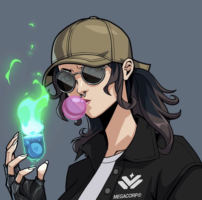 An anime-style illustration shows a cool girl wearing a backward cap, sunglasses, and a black jacket with 'MEGACORP®' on it, blowing a pink bubble gum bubble while holding a beaker of glowing green flame.