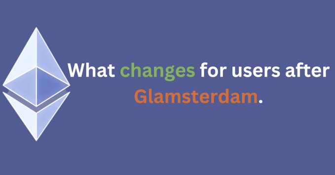 The image features the Ethereum logo alongside the text "What changes for users after Glamsterdam," highlighting upcoming protocol upgrades like parallel transactions and in-protocol block building.