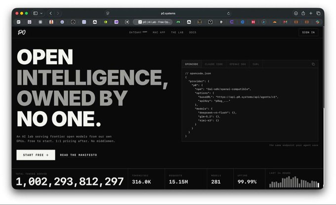 The screenshot shows the PO AI lab homepage with the tagline "OPEN INTELLIGENCE, OWNED BY NO ONE," displaying 1,002,293,812,297 total tokens served, 316.0K tokens/sec, and 15.15M requests—correlating with the post's "1 trilly tokens" by showing that the platform has surpassed the one trillion token milestone.