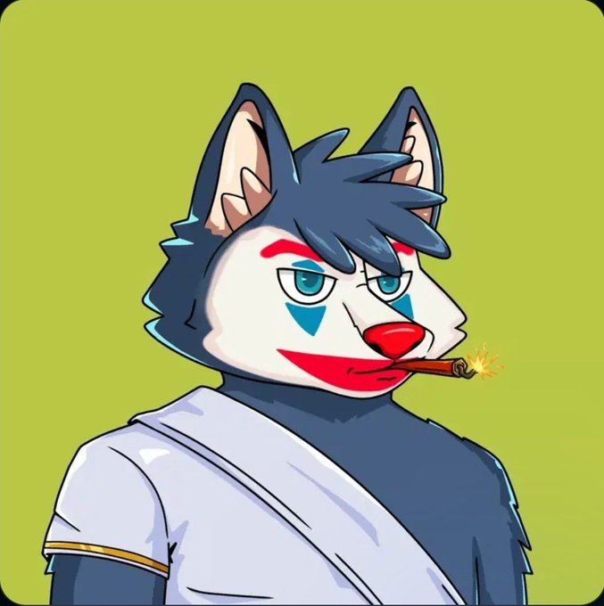 An animated cartoon wolf character with clown makeup (blue diamond and red lips) smoking a cigar, wearing a white toga-style shirt against a green background.
