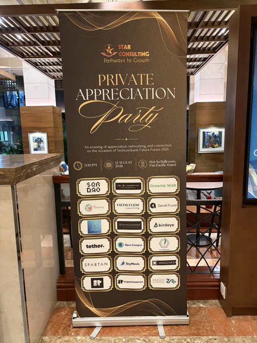 A banner for a 'PRIVATE APPRECIATION Party' hosted by STAR CONSULTING at Zouk on 12 Aug 2026, displaying logos of sponsors including Tether, Open Campus, SkyMavis, and Dragonchain.