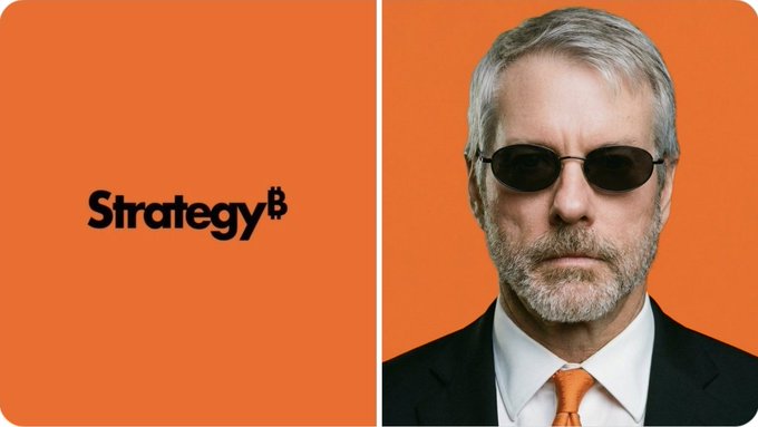 A side-by-side image features an orange panel with the "Strategy" logo (including a Bitcoin symbol) on the left, and a portrait of a gray-bearded man in sunglasses, a black suit, and an orange tie on the right, visually reinforcing the announcement of Strategy's new STRC and MSTR buyback program and Bitcoin monetization initiative.