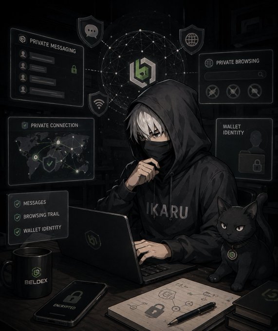 An anime-style figure in a black hoodie labeled "IKARU" works on a laptop displaying the Beldex logo, surrounded by holographic privacy features including "PRIVATE MESSAGING," "PRIVATE BROWSING," "PRIVATE CONNECTION," and a "WALLET IDENTITY" panel, while a black cat sits nearby alongside a "BELDEX" mug and a phone showing "ENCRYPTED."

The image visually reinforces the post's message about Beldex embedding privacy directly into Web3 tools—matching the specific concerns raised about messages, browsing trails, and wallet identity.