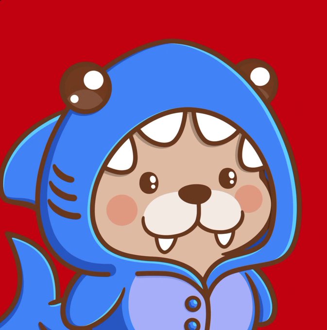 A cute cartoon illustration of a character wearing a blue shark costume with small bear ears, set against a red background.