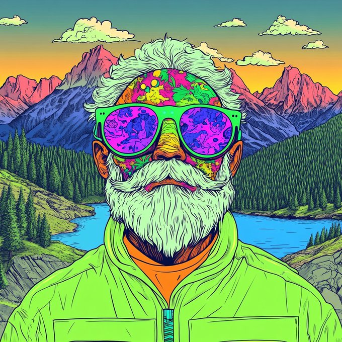 A vibrant psychedelic illustration portrays a bearded man wearing oversized green sunglasses, with a multicolored, patterned face set against a scenic mountain and lake background.