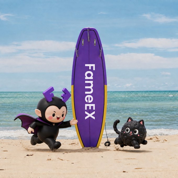A purple and gold FameEX surfboard stands on a beach, flanked by a devil-costumed character and a black cat.