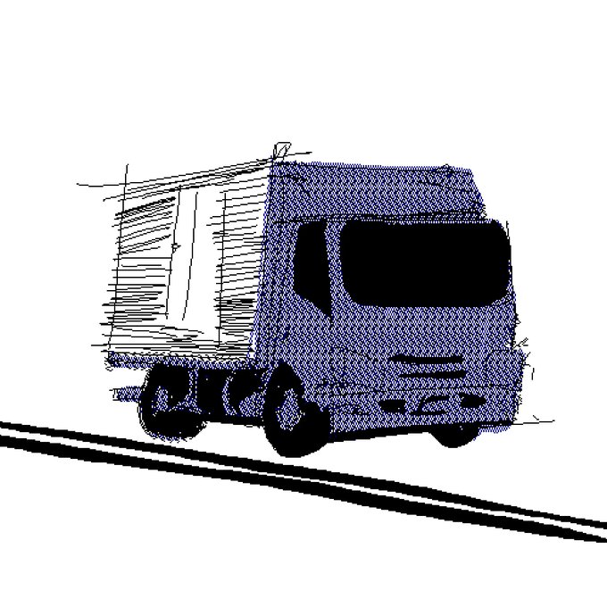 A sketchy illustration of a blue delivery box truck driving along a road, rendered with loose crosshatched lines on a white background.