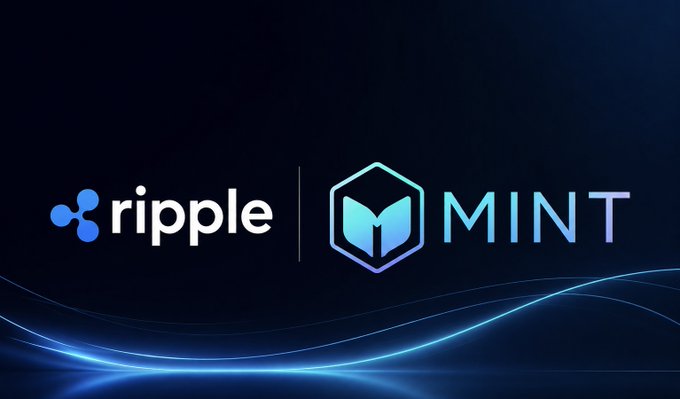 The image displays the Ripple logo alongside the "MINT" logo, representing the launch of Ripple Mint, an institutional gateway for RLUSD. This visual directly supports the announcement of a new institutional product from Ripple.