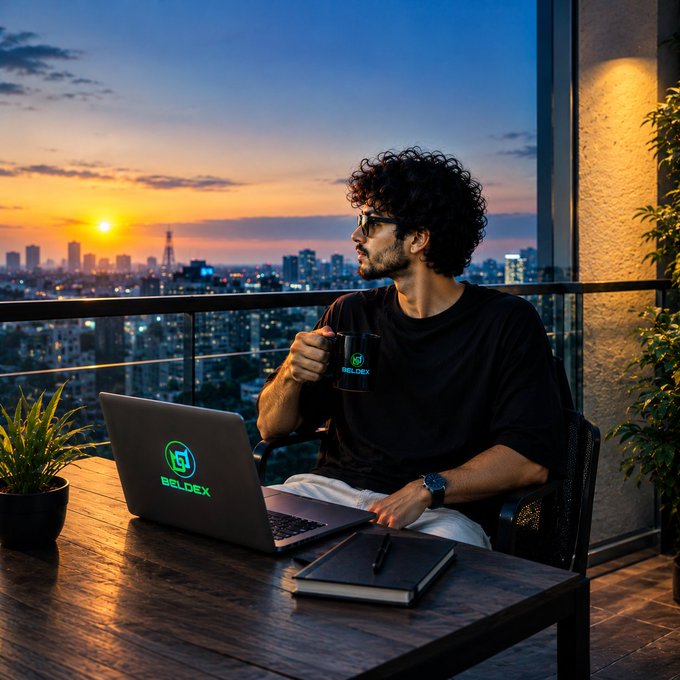 A young man with curly hair and glasses sits at a balcony table at sunset, holding a mug and looking out over a city skyline while working on a laptop branded with "G! GELDEX".