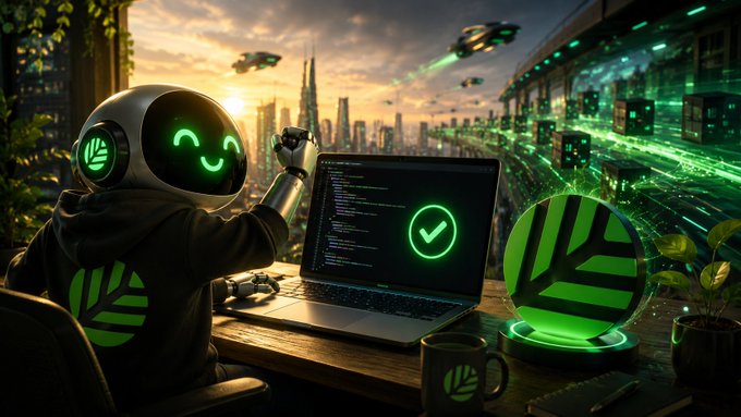 An AI-generated image of a hooded robot character with glowing green eyes working on a laptop displaying code with a green checkmark, set against a futuristic neon green cityscape with flying vehicles.