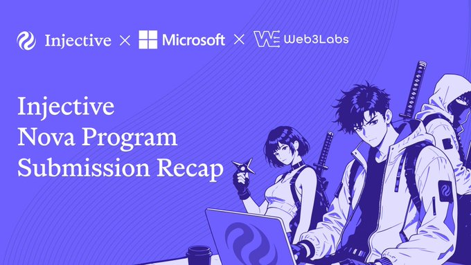 A purple promotional banner for the 'Injective Nova Program Submission Recap,' featuring logos for Injective, Microsoft, and Web3Labs, alongside anime-style characters with swords and a laptop.