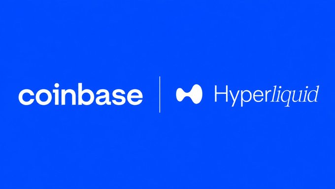 The image displays the logos of Coinbase and Hyperliquid side by side on a blue background, separated by a vertical line, visually representing their partnership. This aligns with the announcement that Coinbase has integrated Hyperliquid into the Base App, offering up to 50x leverage across 290+ markets.
