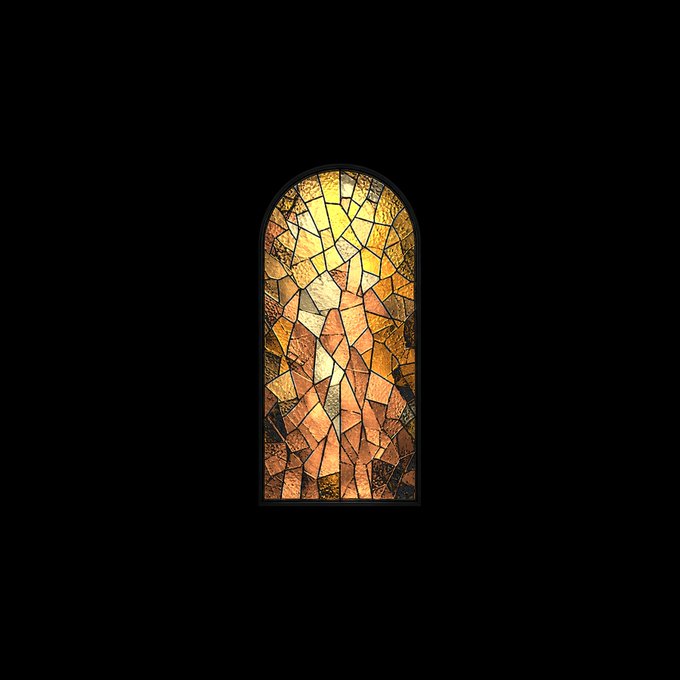 An arched stained glass window featuring warm amber, orange, and brown geometric pieces, set against a completely black background.