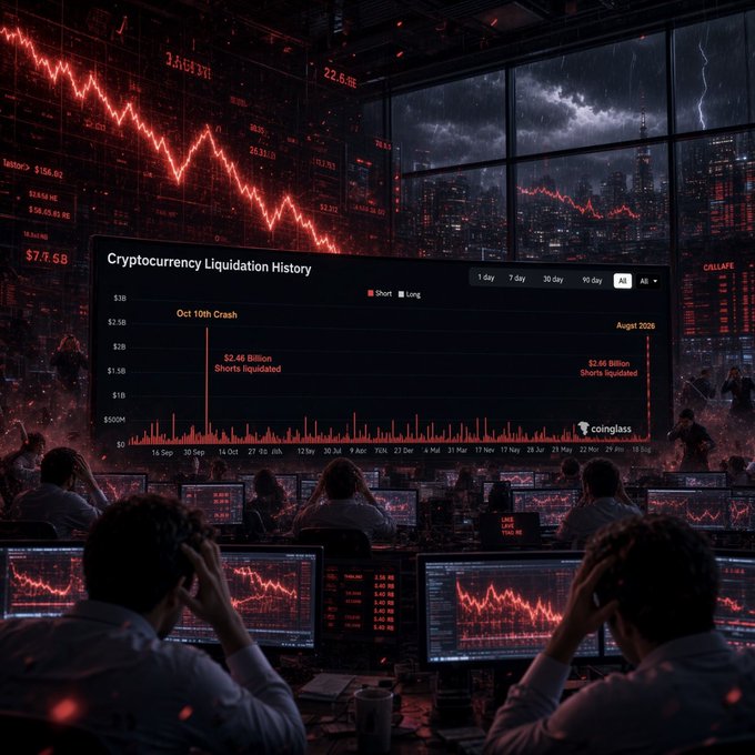 A dark, atmospheric image of traders at workstations in front of multiple screens displaying falling cryptocurrency charts, with a central panel titled 'Cryptocurrency Liquidation History' referencing an 'Oct 10th Crash' with '$2.46 Billion Shorts liquidated' from coinglass.