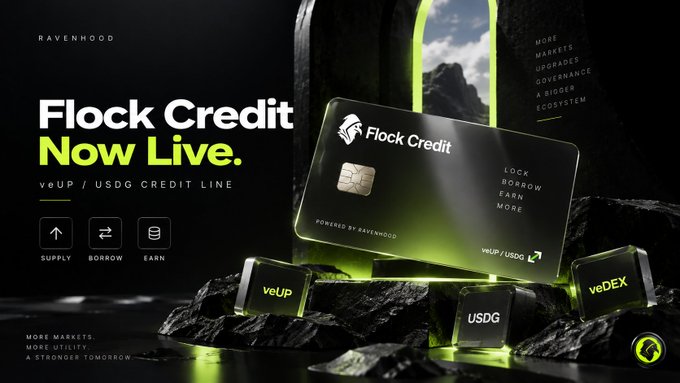 A Ravenhood promotional banner announcing 'Flock Credit Now Live' with a veUP/USDG credit line and a black credit card displayed on rocks with glowing green accents.