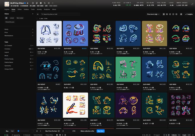 A dark-themed marketplace interface titled 'GLFs by Eldog' displays a grid of various NFT items, each with prices in ETH.
