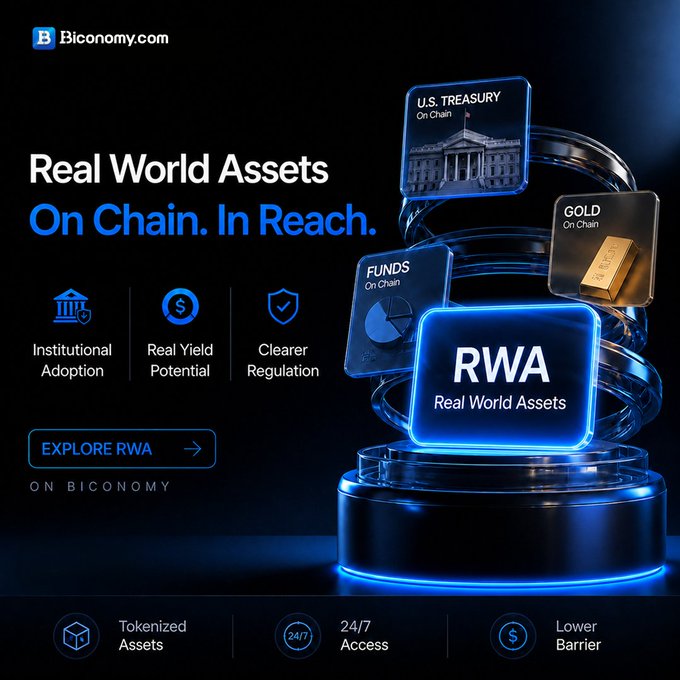 Biconomy.com advertisement promoting 'Real World Assets On Chain. In Reach.' featuring RWA tokenization with U.S. Treasury, Gold, and Funds on chain, highlighting institutional adoption, real yield potential, and clearer regulation.