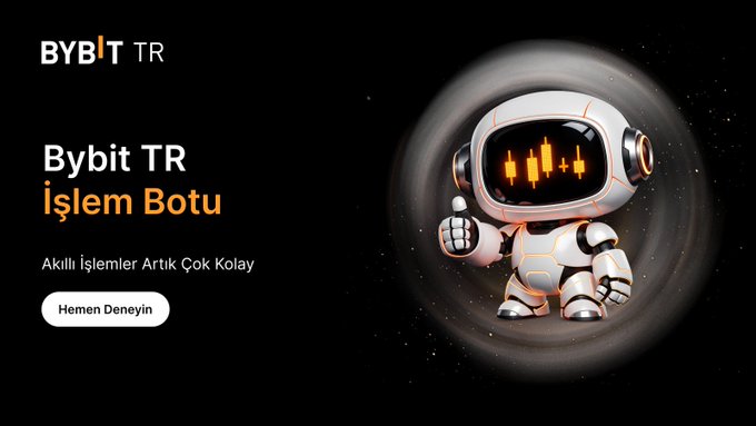 A promotional banner for Bybit TR features a white robot mascot with a candlestick chart displayed on its screen, accompanied by the text "Bybit TR İşlem Botu" and "Akıllı İşlemler Artık Çok Kolay" alongside a "Hemen Deneyin" call-to-action button, visually representing the automated trading bot being introduced in the post about the Bybit TR DCA Bot's customizable frequency, multi-coin management, and USDT/USDC options.