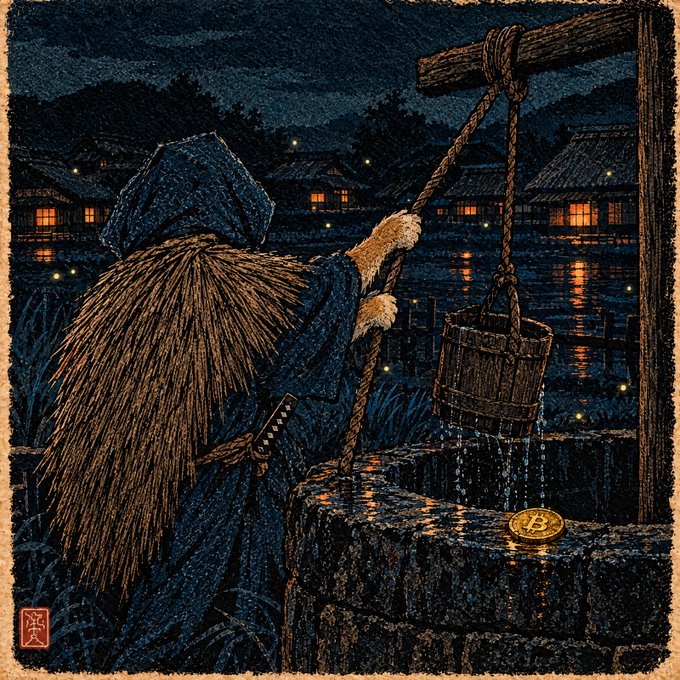 A stylized illustration in the style of Japanese woodblock prints shows a figure in a straw raincoat and blue hood drawing water from a stone well at night, with a golden Bitcoin coin resting on the well's edge.