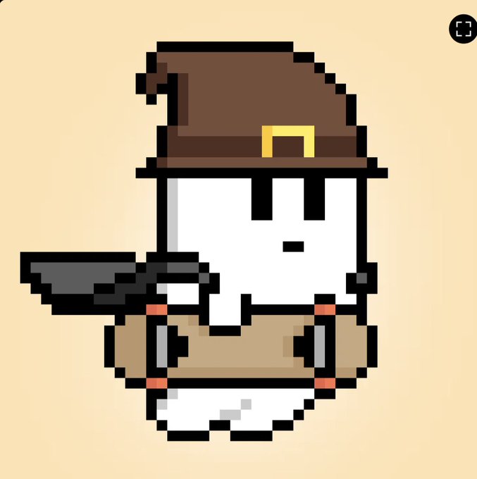 A pixel art illustration of a white character wearing a brown pilgrim hat and holding a musket, set against a plain background.