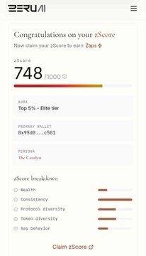 A screenshot of a ZERUI zScore result screen displays a score of 748/1000, placing the user in the 'Top 5% - Elite tier' as 'The Catalyst' (5x9500 ... €561). It also shows a breakdown for Wealth, Consistency, Protocol diversity, Token diversity, and Gas behavior.