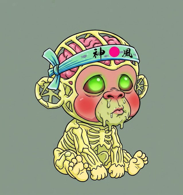 A psychedelic cartoon of a skeletal baby monkey with an exposed brain, glowing green eyes, and drool, wearing a Japanese headband with kanji characters (神風) and a Rising Sun motif.