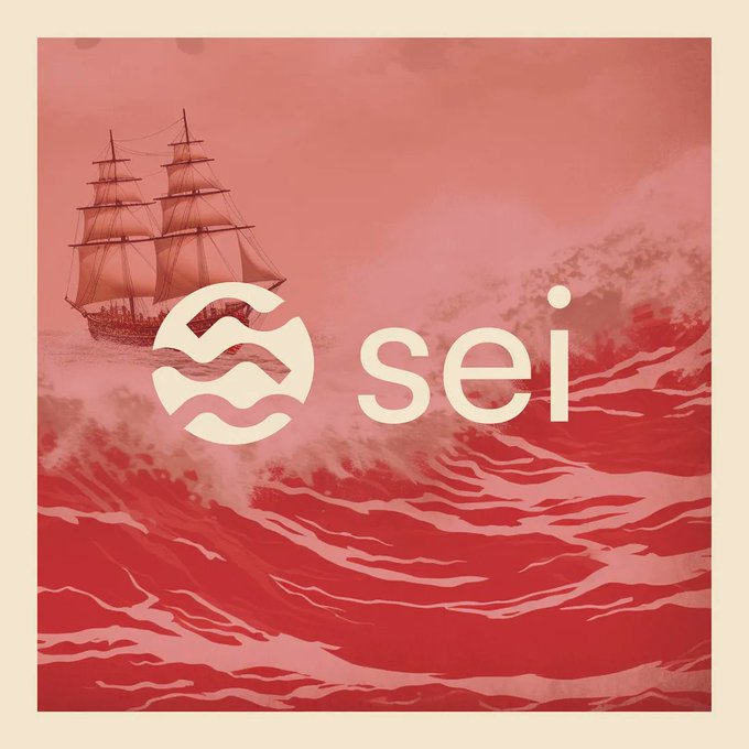 A red-toned image features a tall sailing ship on turbulent waves alongside the "sei" logo and wordmark, evoking the nautical theme often associated with the $SEI token.
