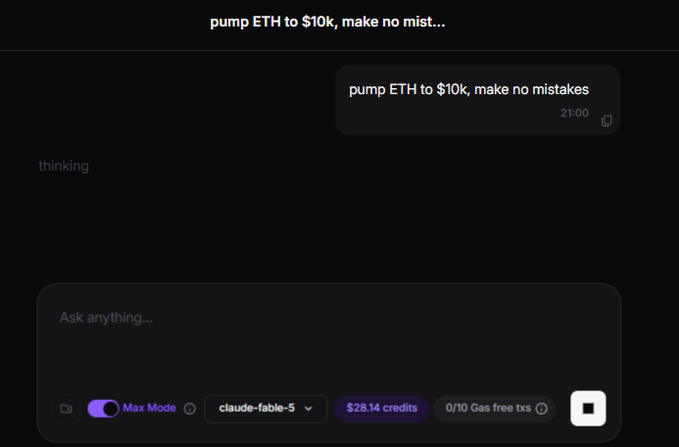A screenshot of an AI chat interface (Max Mode, claude-fable-5) where the user prompt is "pump ETH to $10k, make no mistakes" and the response status shows "thinking."